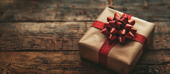 Leinwandbilder - Vintage toned photo of a gift box with a red bow on a rustic table with copy space image