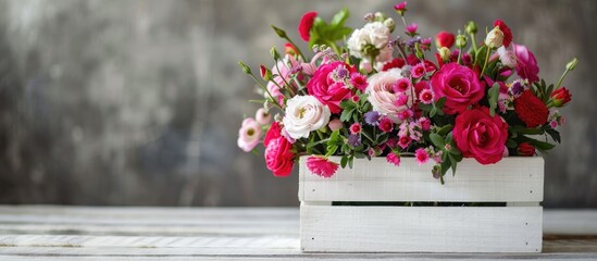 Poster - Mothers Day themed floral arrangement in a white wooden box featuring ample copy space image