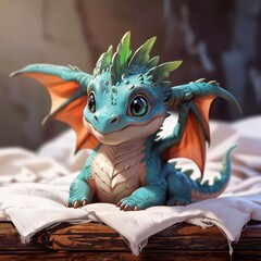 Cute 3D cartoon blue dragon baby with orange wings and horns