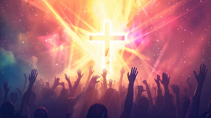 Wall Mural - Audience lifting their hands in worship with a radiant cross in the backdrop