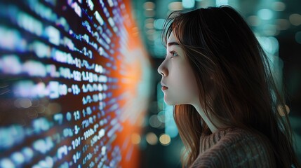 Woman mesmerized by a vibrant digital display of code, representing technology and the future.