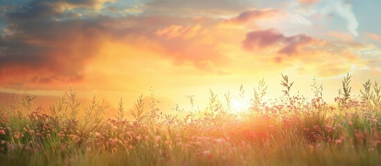 Wall Mural - sunset backdrop with a field of grass in the foreground perfect for copy space image