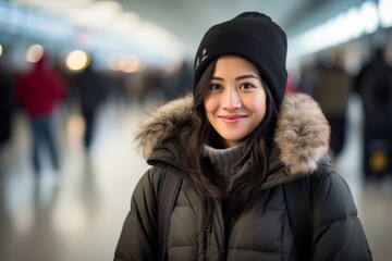 Sticker - Portrait of a jovial asian woman in her 20s donning a durable down jacket over bustling airport terminal background