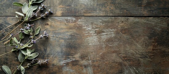 Aufkleber - Wooden table with a dried salvia branch for a restaurant menu background suitable for inserting text on a copy space image
