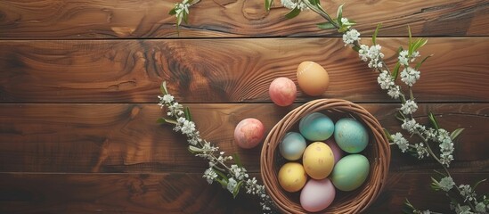 Fototapete - Flat lay with a wicker basket holding colorful Easter eggs on a wooden table leaving room for text in the image. Creative banner. Copyspace image