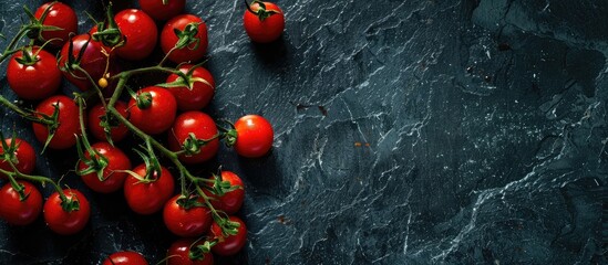 Aufkleber - Copy space image with fresh and tasty cherry tomatoes on a dark stone background