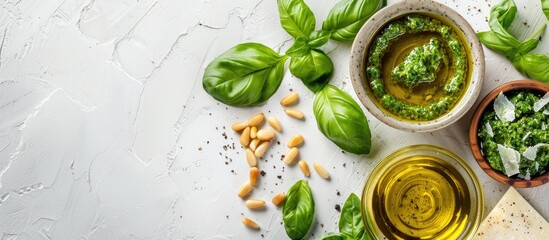 Poster - Food ingredients for green pesto sauce including olive oil basil parmesan and pine nuts placed on a white background with a copy space image