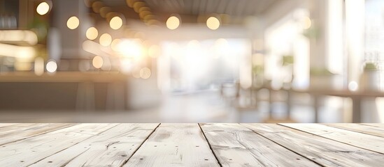 Poster - White wooden table providing an empty table mockup with a blurred background suitable for a panoramic banner and as a versatile copy space image