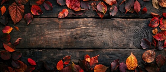 Aufkleber - Fall themed backdrop featuring multicolored leaves on a rustic wooden surface ideal for copy space image