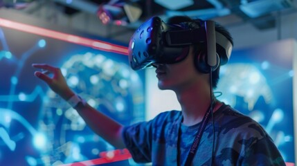 Poster - A young adult explores a virtual reality environment, wearing a headset and reaching out to interact with digital elements in a high-tech setting.
