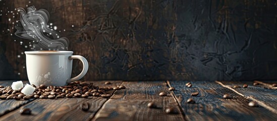 Aufkleber - A warm ambiance with a white mug of hot coffee surrounded by coffee beans and sugar on a wooden table against a dark backdrop featuring a copy space image