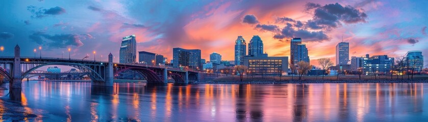 Wall Mural - A city skyline is reflected in the water below a bridge. The sky is a mix of orange and blue hues, creating a serene and peaceful atmosphere