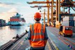 © NusratJahan - Worker in orange vest watching cargo ships at sunny port