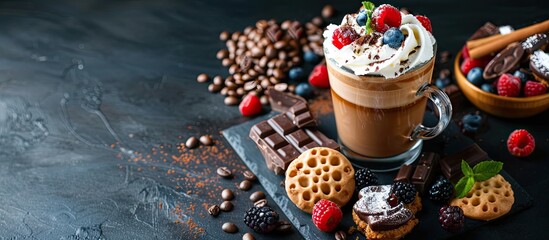 Aufkleber - Trendy Korean whipped coffee with colorful drinks cakes berries chocolates and cookies on a dark textured backdrop with copy space image