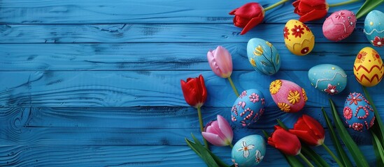Fototapete - Easter Day concept with colorful Easter eggs painted with tulips on a blue wood background leaving space for text or an image. Creative banner. Copyspace image