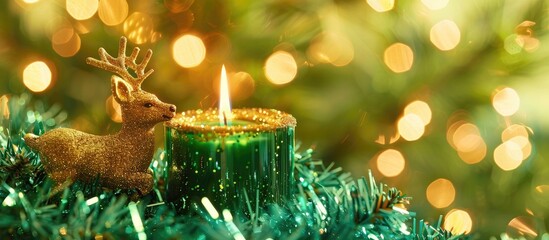 Leinwandbilder - Glass background with a Christmas candle green tinsel and sequined deer perfect for a copy space image