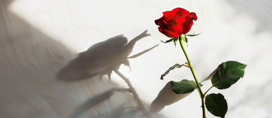 Poster - Romantic symbol for Valentine s Day a lovely red rose casting a dark shadow on a white backdrop perfect for a copy space image