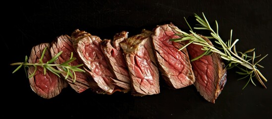 Poster - A sliced beef steak garnished with a sprig of rosemary stands alone on a black backdrop offering ample copy space image