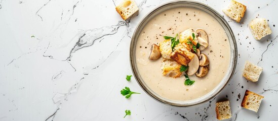 Aufkleber - Top down view of a tasty mushroom cream soup with croutons on a white marble surface featuring copy space image