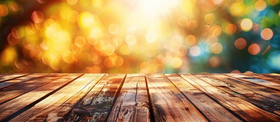 Poster - Wooden table ready for showcasing products with a soft colorful bokeh background ideal for a copy space image