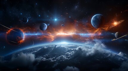 Wall Mural - cosmic landscape with nebulae, stars, and planets, rendered in hyperrealistic detail