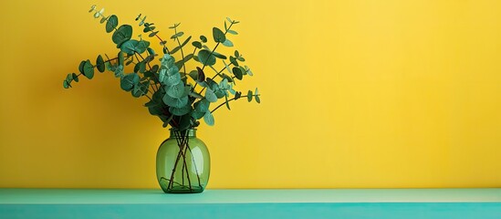 Poster - A vase with eucalyptus placed on a green table beside a yellow wall with copy space image
