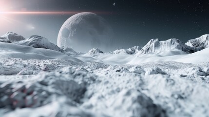 This stunning image features snow-covered alien mountains with a large moon prominently visible in the backdrop, offering a majestic and tranquil cosmic landscape.