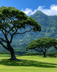 Wall Mural - Semi close-up of a serene mountain landscape with large shady trees and a clear blue sky, more clarity with clear light and sharp focus, high detailed