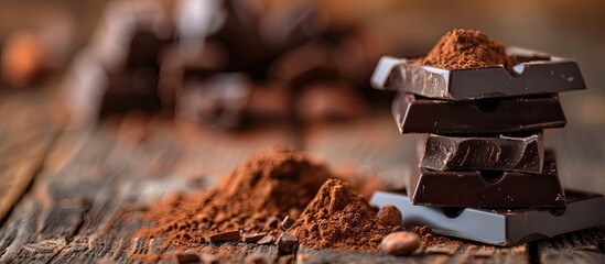 Sticker - Selective focus on dark chocolate cocoa solids and cocoa powder against a wooden backdrop in a copy space image