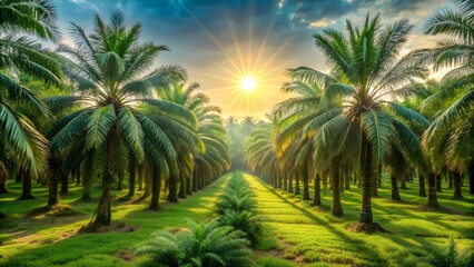 Sun-Drenched Rows of Emerald Green: An Impressionist Oil Palm Plantation  AI generated