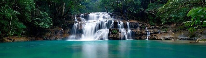 Wall Mural - Semi close-up of a picturesque waterfall in the midst of a dense forest, more clarity with clear light and sharp focus, high detailed