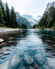 Wall Mural - Semi close-up of a tranquil mountain lake surrounded by towering pines and a clear sky, more clarity with clear light and sharp focus, high detailed