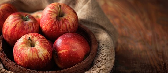 Leinwandbilder - Ripe juicy apples freshly picked and arranged in a clay bowl on sackcloth creating a rustic display with a copy space image