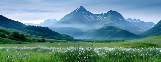 Wall Mural - Semi close-up of a mountain landscape with wildflowers in the foreground, more clarity with clear light and sharp focus, high detailed