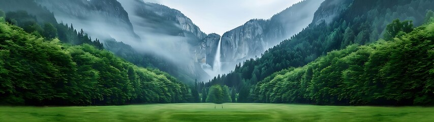 Wall Mural - Semi close-up of a beautiful forest clearing with a waterfall in the background, more clarity with clear light and sharp focus, high detailed