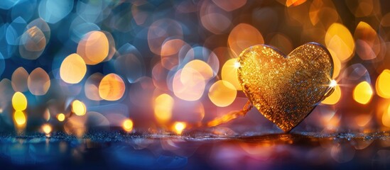 Poster - Heart shaped yellow gold on black background with colorful lighting bokeh ideal for evening decorations featuring blurred Valentine s theme a soft romantic copy space image