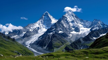 Wall Mural - Close-up of a beautiful mountain scene with snow-capped peaks and a clear blue sky, more clarity with clear light and sharp focus, high detailed