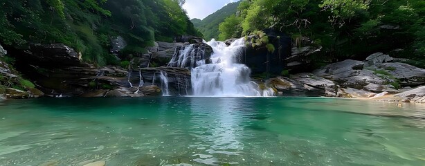 Wall Mural - Semi close-up of a waterfall flowing into a crystal clear pool surrounded by greenery, more clarity with clear light and sharp focus, high detailed