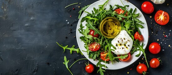 Aufkleber - Top view of Italian Burrata cheese with fresh arugula tomatoes and olive oil featuring copy space image