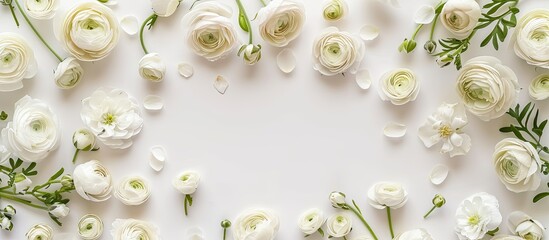 Aufkleber - Feminine flat lay floral background featuring white lysianthus and ranunculus flowers with a blank note for copy space image