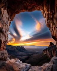 Wall Mural - Semi close-up of a scenic mountain vista with a colorful sunset sky, more clarity with clear light and sharp focus, high detailed