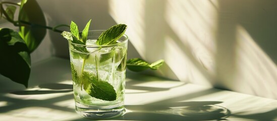 Aufkleber - A glass with a mojito drink and ice sits on a table casting a distinct shadow in the background perfect for a copy space image