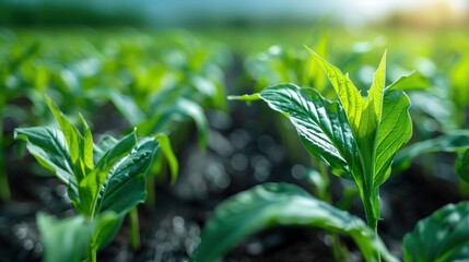 Canvas Print - This close-up shot captures young green plants thriving in rich soil, highlighting their vibrant leaves and the promising start of their growth, set against a blurred background.