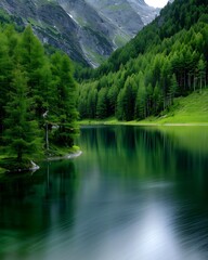 Wall Mural - Semi close-up of a serene mountain lake with reflections of the surrounding forest, more clarity with clear light and sharp focus, high detailed