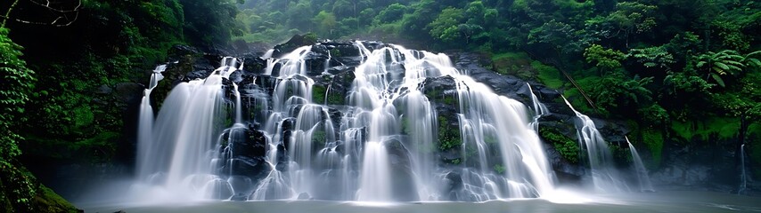 Wall Mural - Semi close-up of a picturesque waterfall surrounded by lush greenery, more clarity with clear light and sharp focus, high detailed