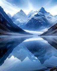 Wall Mural - semi close-up of a tranquil mountain lake with misty morning light, more clarity with clear light an