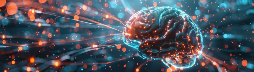 Sticker - A brain is shown on a computer chip. The brain is surrounded by a red glow, giving it a futuristic and technological appearance. Concept of innovation and advancement in the field of neuroscience