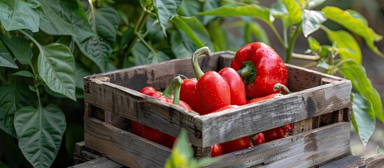 Sticker - Red sweet pepper displayed in a wooden box within a garden with a blank space for adding an image. Creative banner. Copyspace image