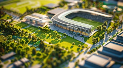 Wall Mural - generate a photo realistic image of a maquette illustrating a sports facility with stadiums, trainin