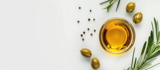 Canvas Print - Top view of a glass jar with fresh olive oil accompanied by green olives rosemary branch on a white background with available copy space image